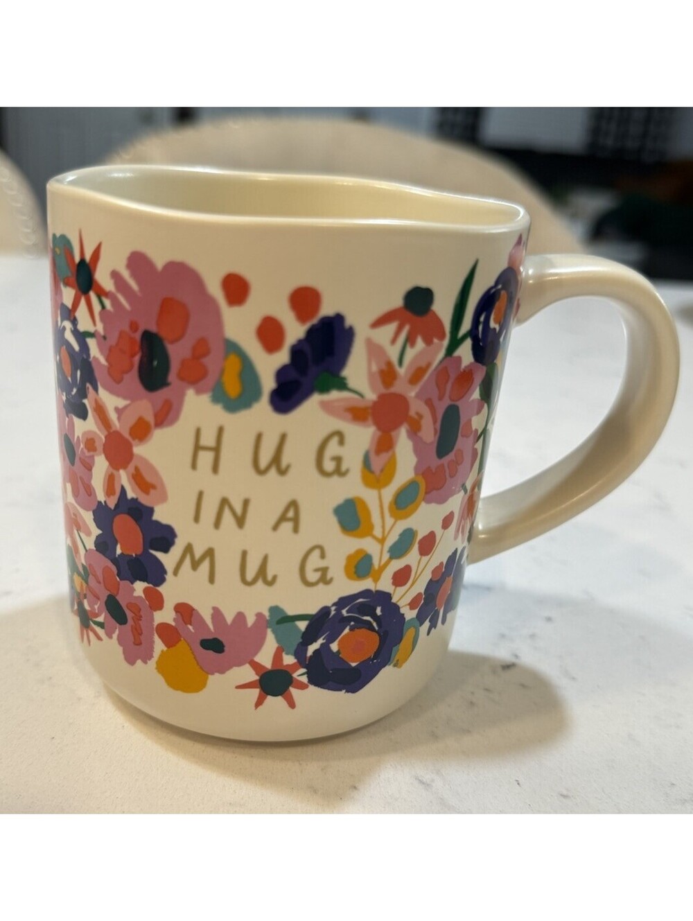OPALHOUSE Coffee Mug Cup Hug In A Mug Ivory with Flowers 16oz Stoneware NWT